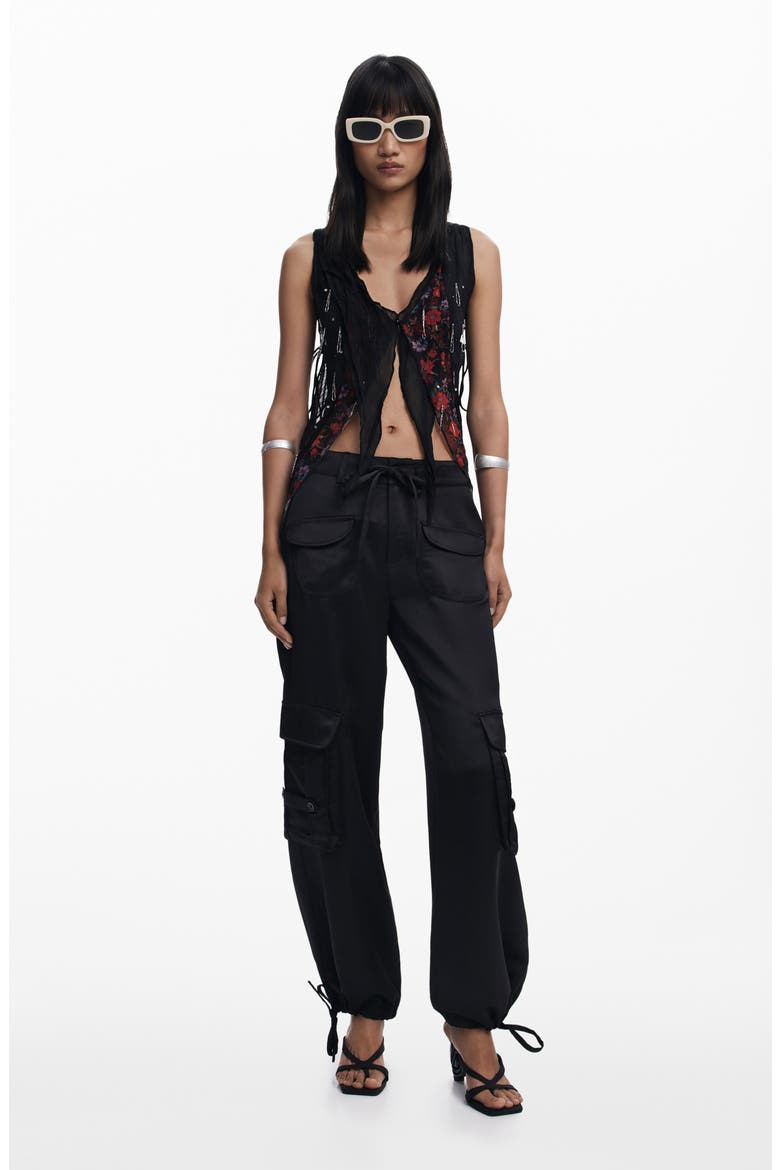 Floral Embellished Asymmetric Sleeveless Top, Alternate, color, BLACK