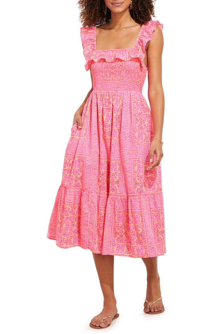 Mix Print Smocked Ruffle Cotton Midi Dress, Main, color, KNOCKOUT PINK