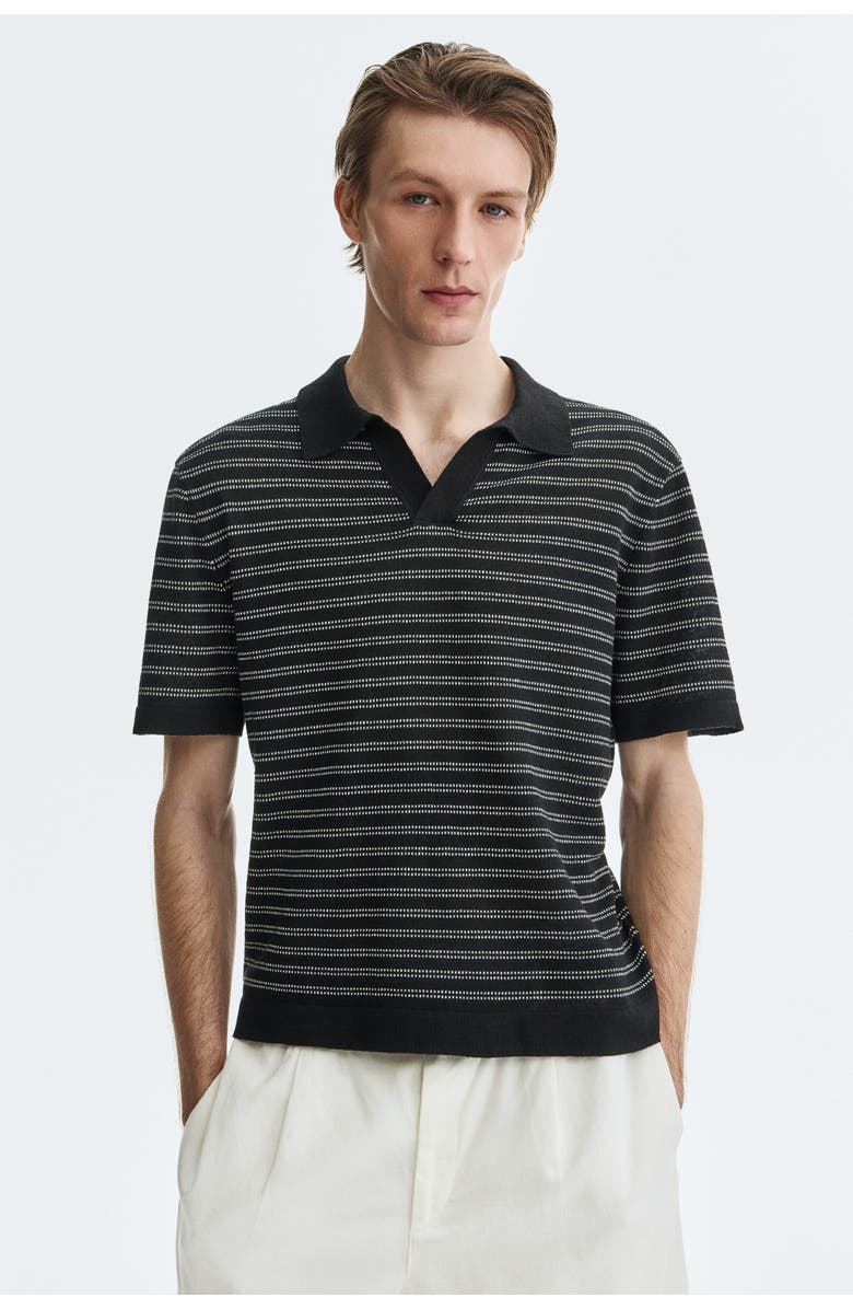 H&M Regular Fit Linen-blend Polo Shirt, Alternate, color, Black/Striped