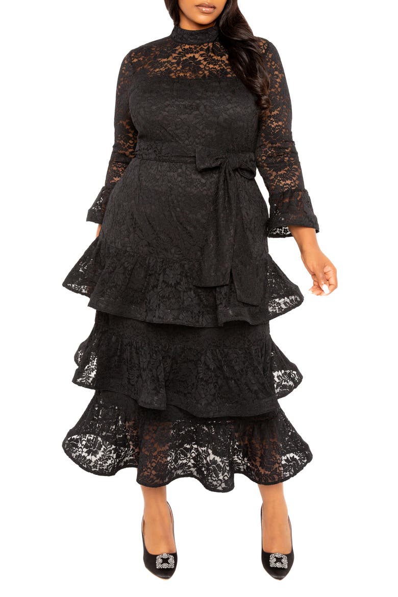 Tiered Lace Long Sleeve Maxi Dress, Main, color, BLACK