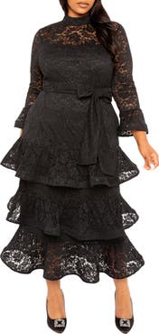 BUXOM COUTURE Tiered Lace Long Sleeve Maxi Dress
