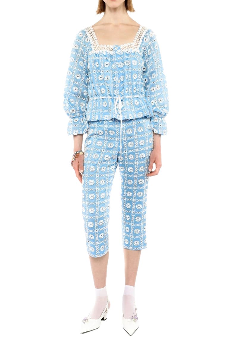 Lattice Lace Embroidery Capri Pants, Main, color, BABY BLUE