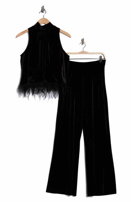 Julia Jordan Two-Piece Feather Trim Velvet Top & Wide Leg Velvet Pant Set