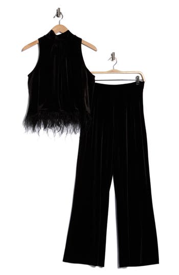 Julia Jordan Two-piece Feather Trim Velvet Top & Wide Leg Velvet Pant Set In Black