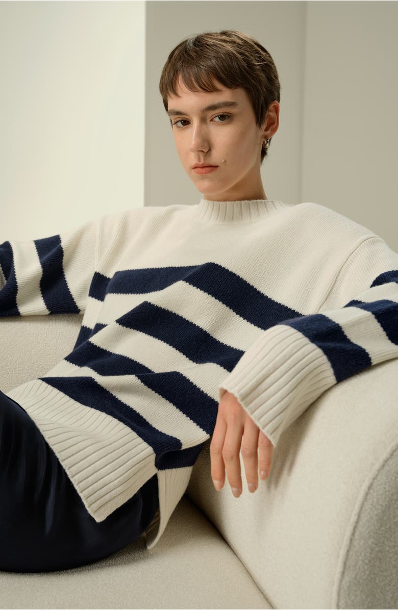 Lilysilk Striped Wool-Cashmere Oversized Sweater, Alternate, color, Navy Striped