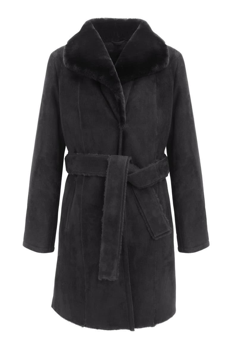 Genuine Shearling Belted Stroller, Suede Finish, Alternate, color, Black