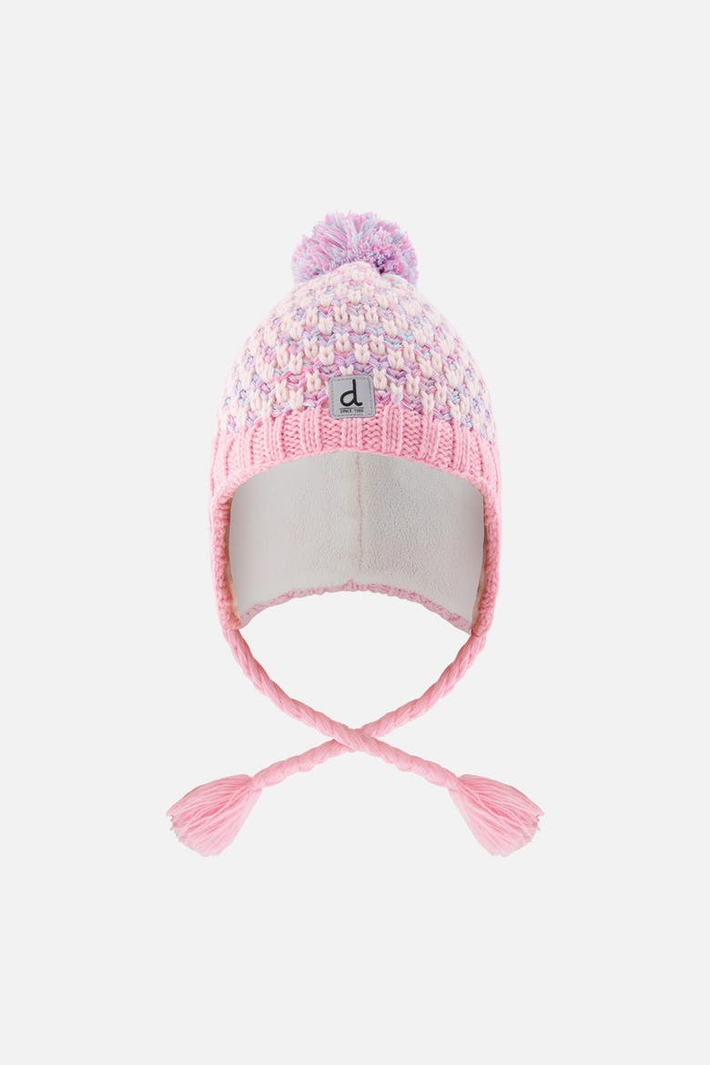 Winter Peruvian Pompom Braided Earflap Knit Hat, Main, color, Dusty Pink and Light Blue