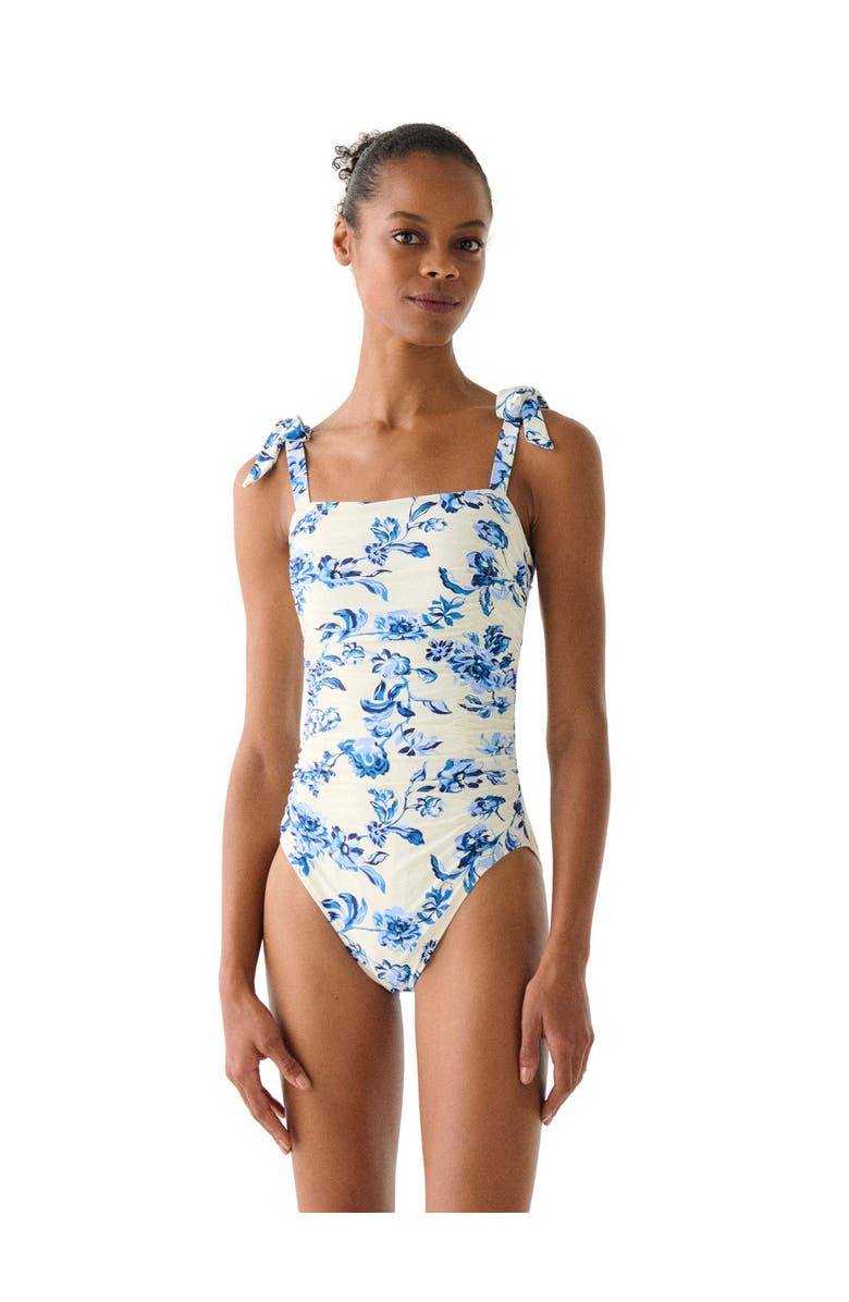 Kate Spade New York Floral Toile Shirred Bow Shoulder One Piece, Main, color, Diamond Blue