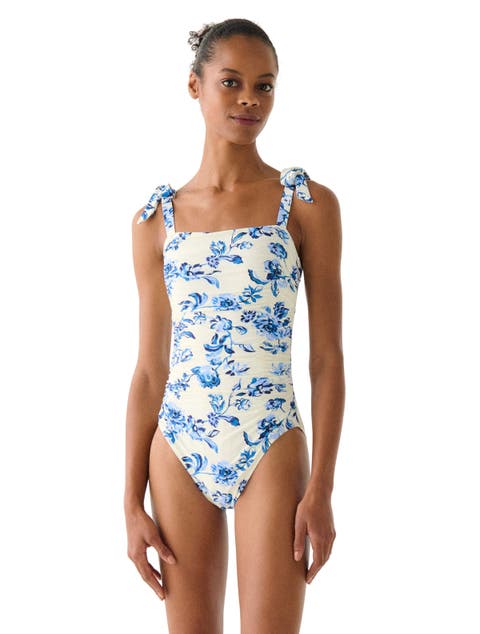 Floral Toile Shirred Bow Shoulder One Piece