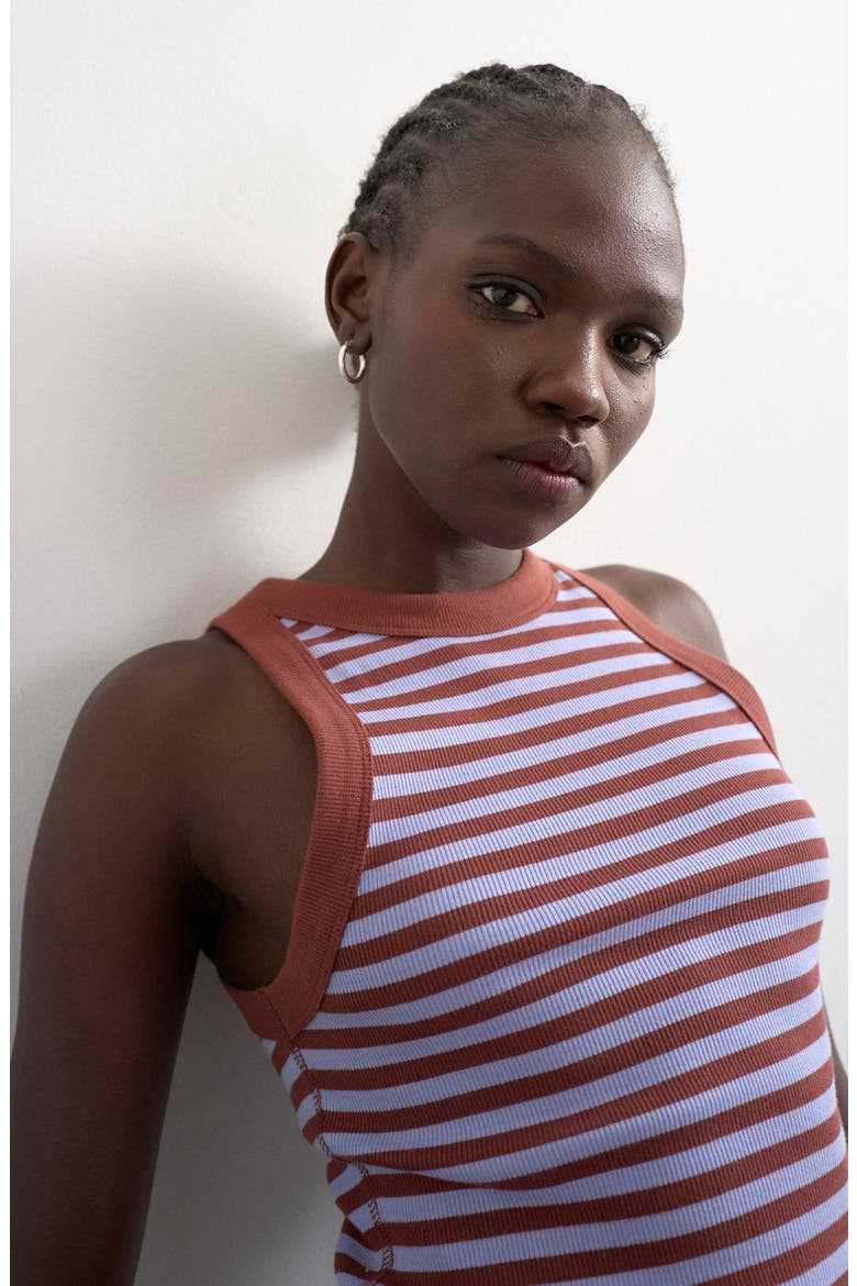 Stripe Cutaway Stretch Cotton Rib Tank, Alternate, color, BROWN