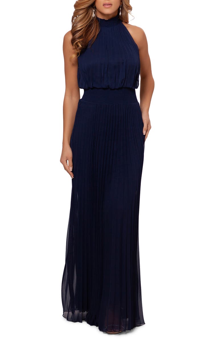 Xscape Evenings Xscape Pleated Mock Neck Chiffon Gown, Main, color, 