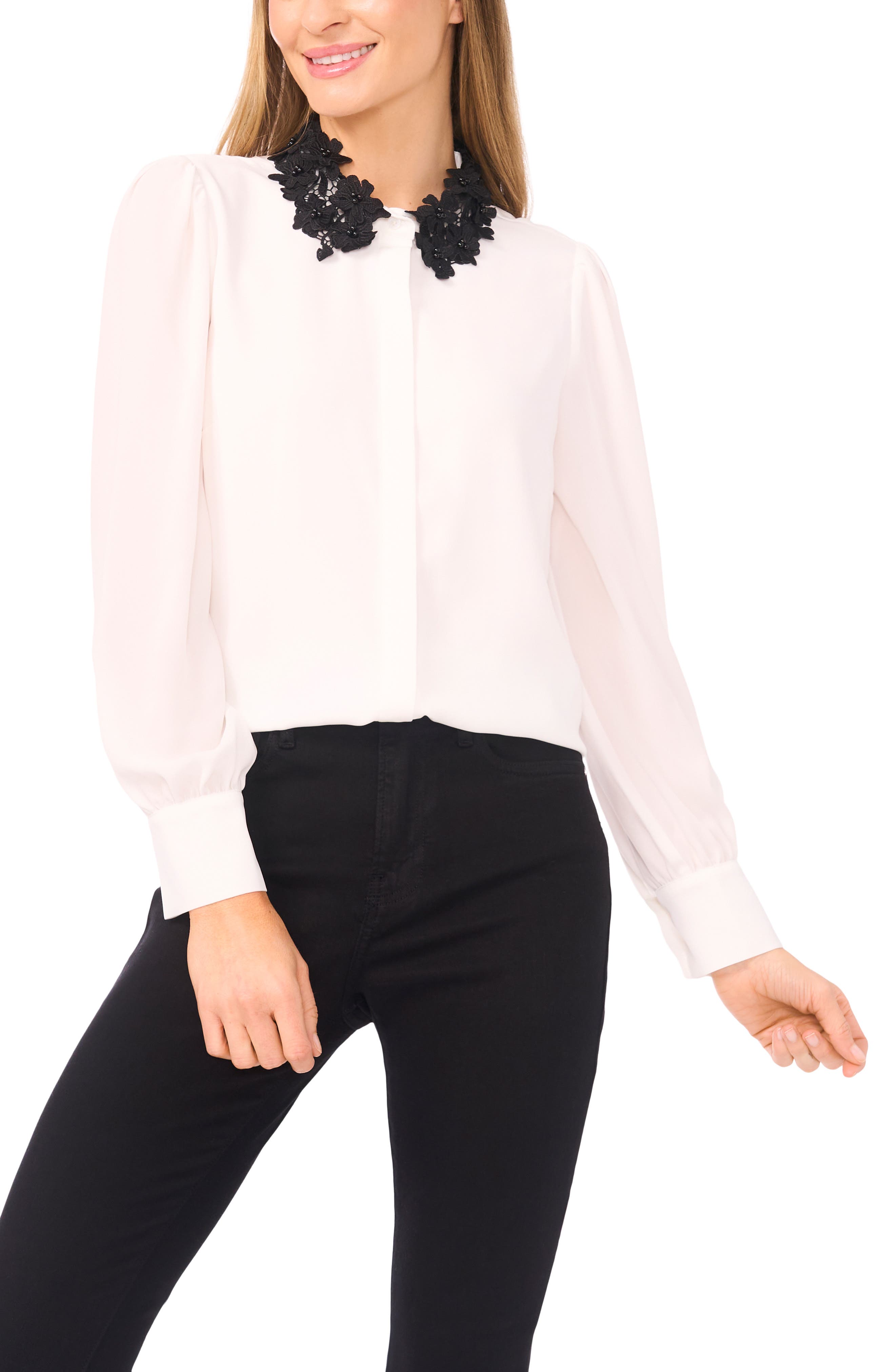 Embroidered Floral Lace Collar Georgette Button-Up Shirt