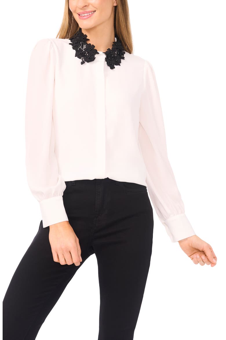 Embroidered Floral Lace Collar Georgette Button-Up Shirt, Main, color, NEW IVORY