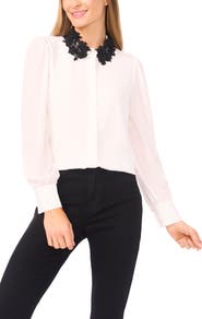 CeCe Embroidered Floral Lace Collar Georgette Button-Up Shirt