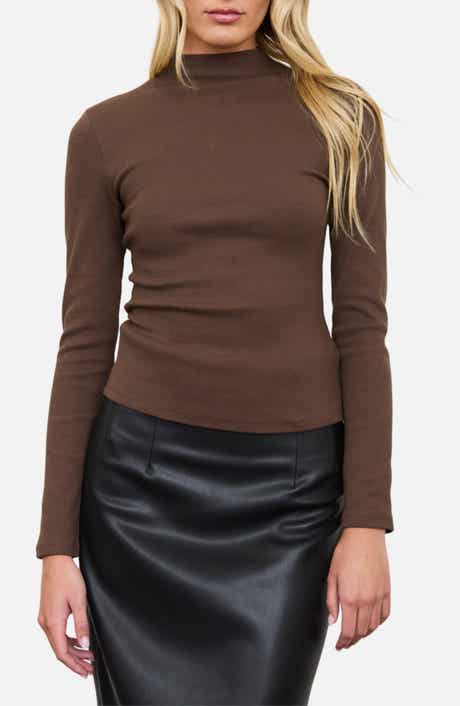 Mock Neck Long Sleeve Ribbed Knit Top