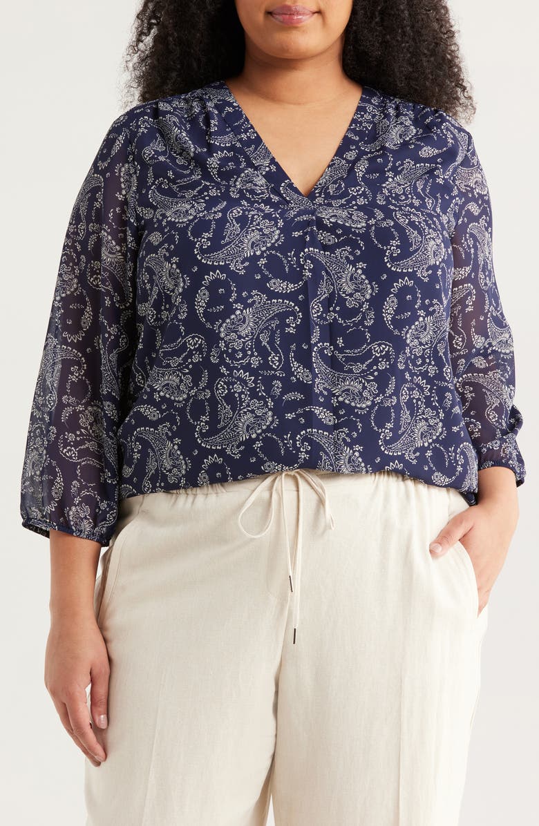 Jones New York Kelly Paisley Top, Main, color, Pacific Navy/ Jones White