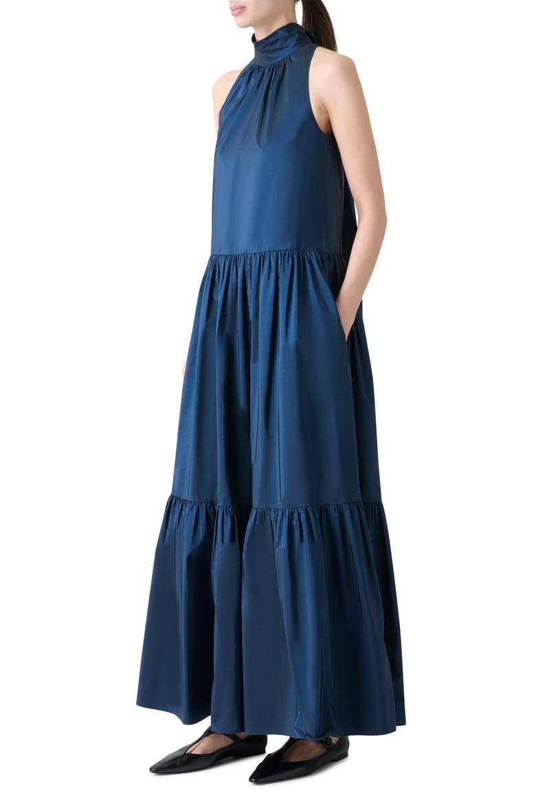 Sleeveless Techno Taffeta Tiered Dress, Alternate, color, NAVY