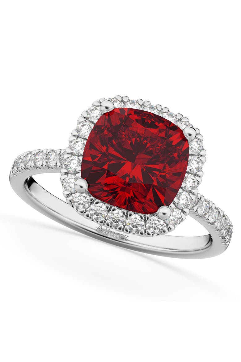 Cushion Cut Halo Ruby & Diamond Engagement Ring 14k, Main, color, 3.11ct/White Gold