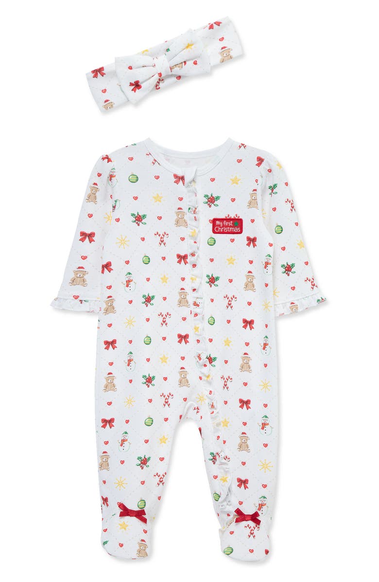 Little Me Festive Holiday Footie & Headband Set, Main, color, White Multi
