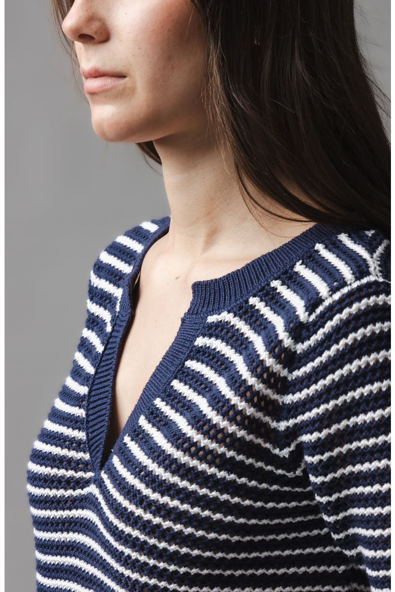 Organic V-Neck Short Sleeve Sweater, Alternate, color, Navy and White