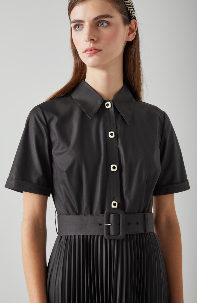 LK Bennett Cally Belted Pleated Shirtdress, Alternate, color, Black