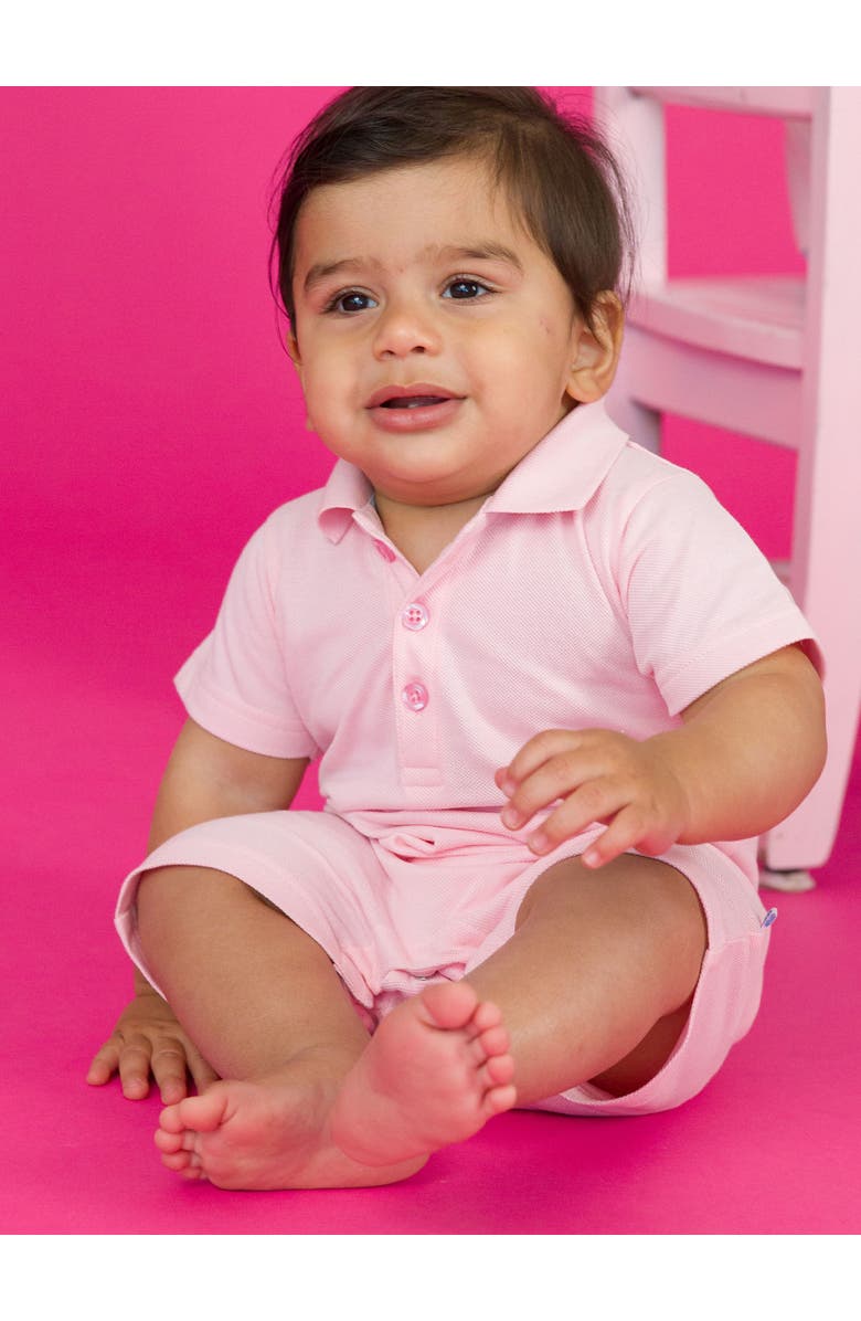 RuffleButts Baby Boys Pique Polo Romper, Alternate, color, Pink