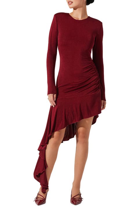 Metallic Long Sleeve Asymmetric Hem Minidress