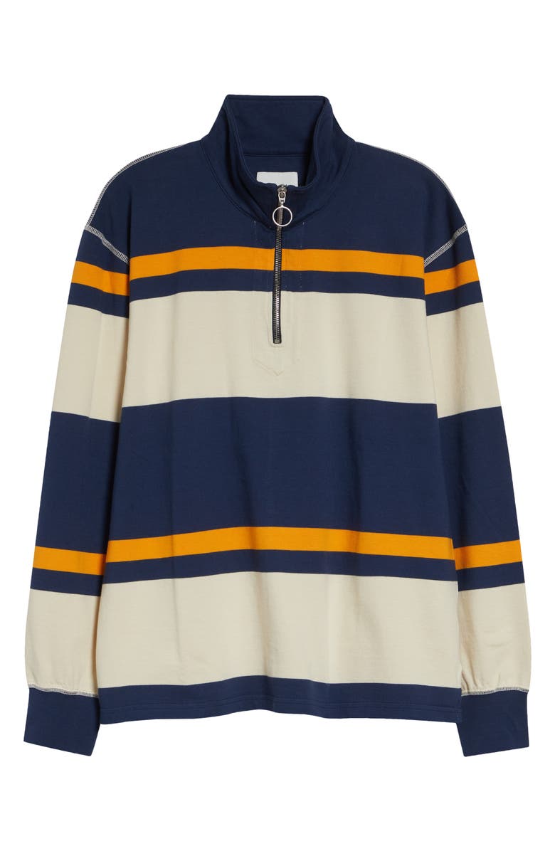 Drake's Stripe Quarter Zip Cotton Rugby Shirt, Main, color, Ecru Navy Yellow