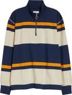 Drake's Stripe Quarter Zip Cotton Rugby Shirt