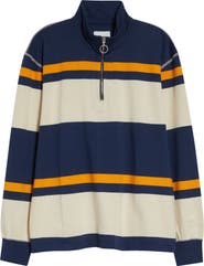 Drake's Stripe Quarter Zip Cotton Rugby Shirt
