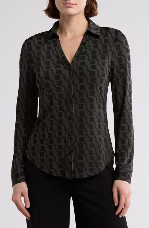 Print Long Sleeve Knit Button-Up Shirt