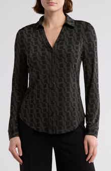 T Tahari Print Long Sleeve Knit Button-Up Shirt