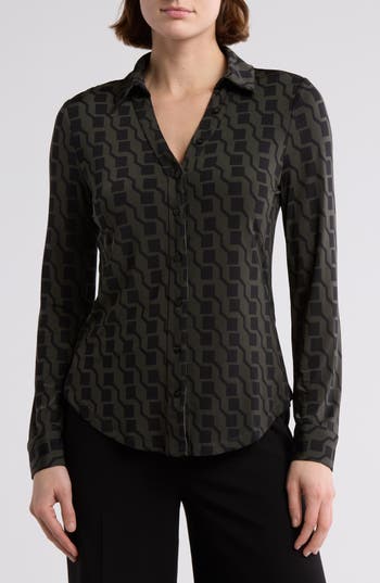 T Tahari Print Long Sleeve Knit Button-up Shirt