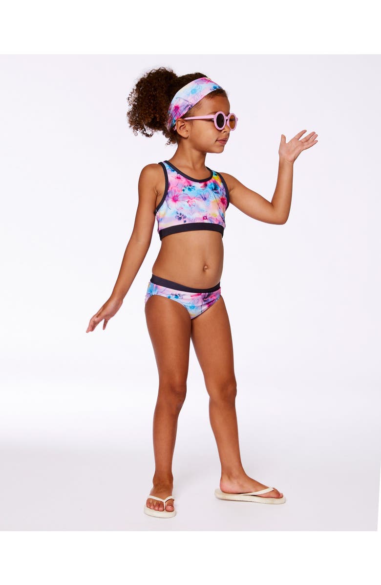 Deux par Deux Little Girl's Printed Two-Piece Racerback Swimsuit Butterflies On Multicolored And Black Background, Alternate, color, 