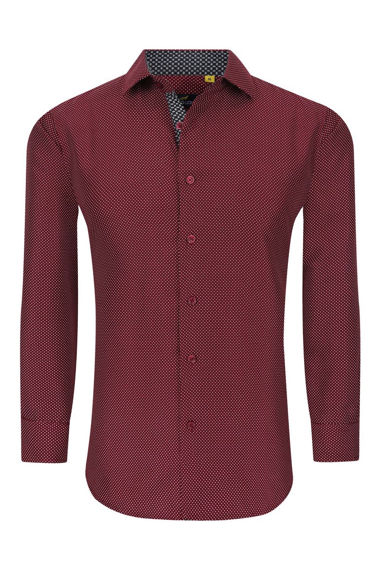 Slim Fit Dot Print Performance Button-Up Shirt, Alternate, color, BURGUNDY