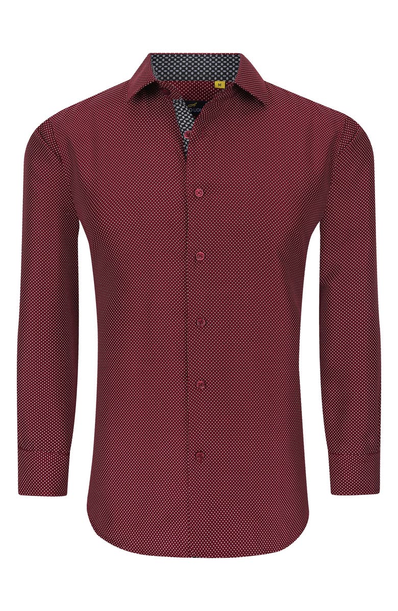 Azaro Uomo Slim Fit Dot Print Performance Button-Up Shirt, Alternate, color, Burgundy