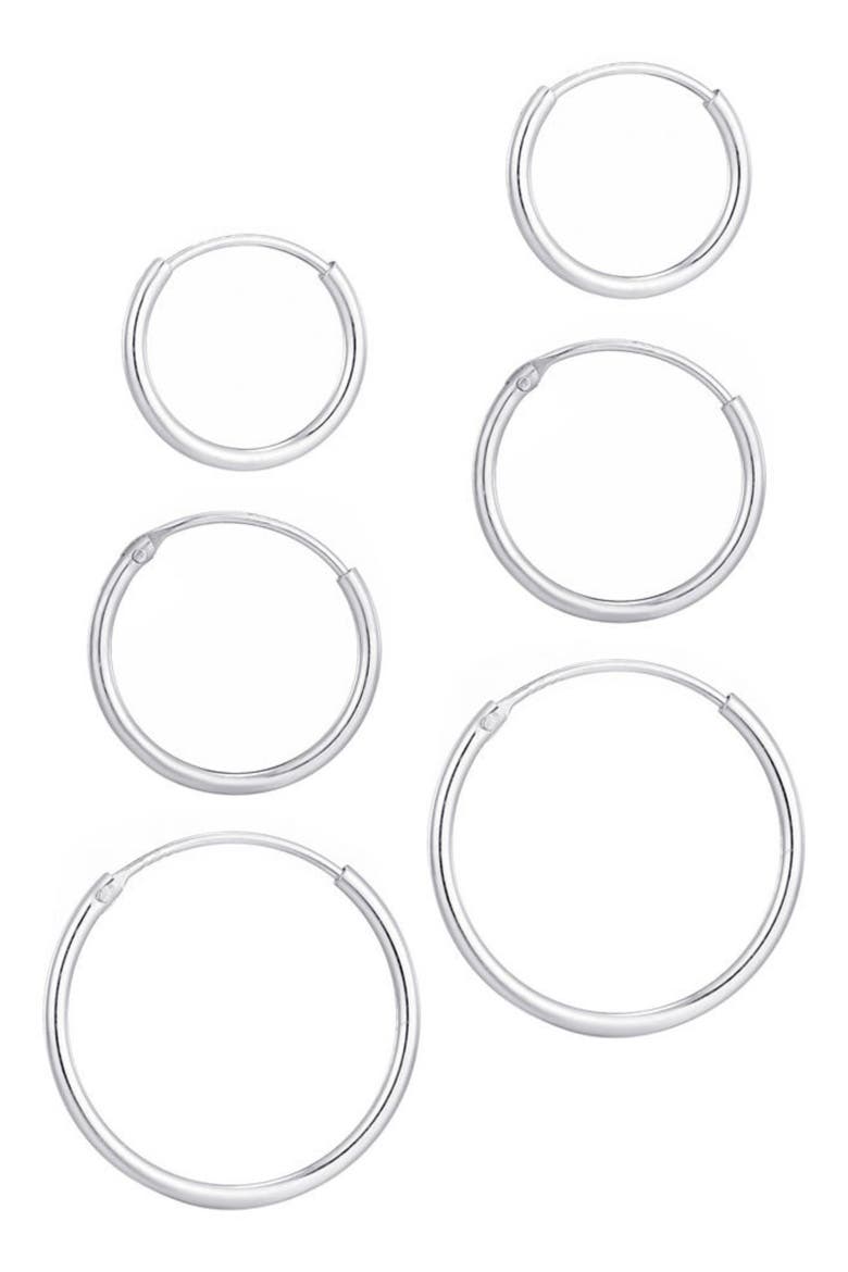 Set of 3 925 Sterling Silver Hoop Earrings, Alternate, color, SILVER