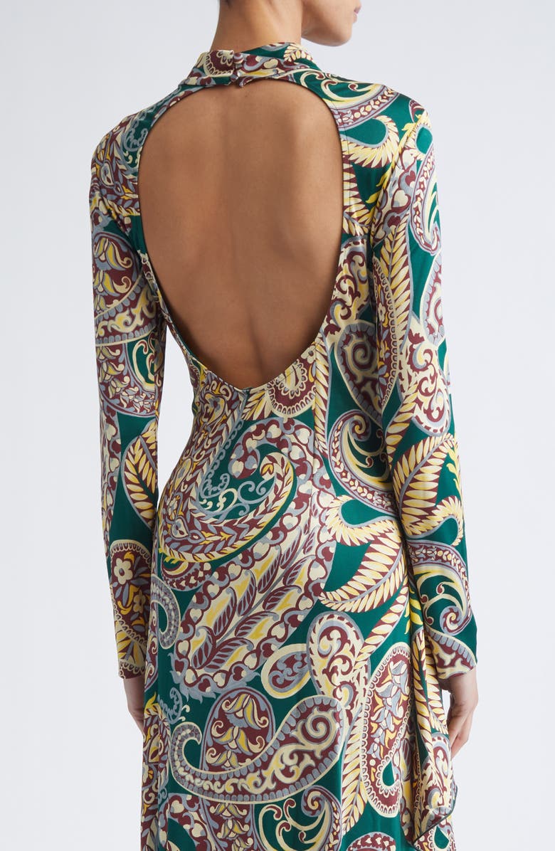 Etro Paisley Long Sleeve Open Back Midi Dress, Alternate, color, Stampa Fondo Verde