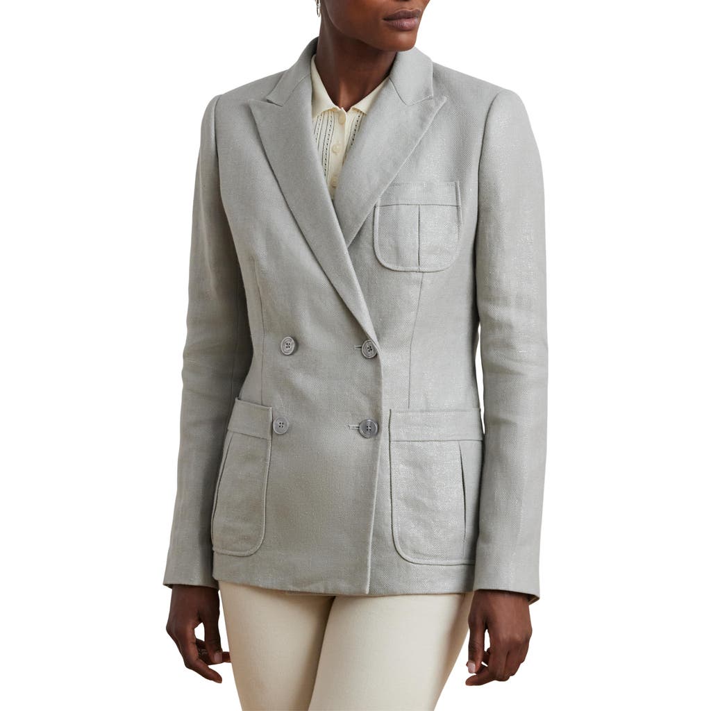 Shop Ralph Lauren Lauren Foil Double Breasted Blazer In Light Blue/silver Foil