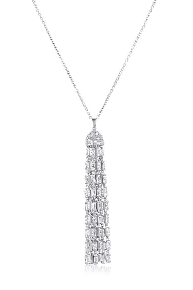 Pavé Baguette Cubic Zirconia Tassel Pendant Necklace, Main, color, CLEAR SILVER