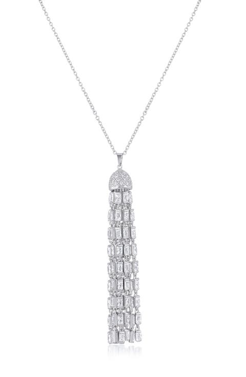 Pavé Baguette Cubic Zirconia Tassel Pendant Necklace