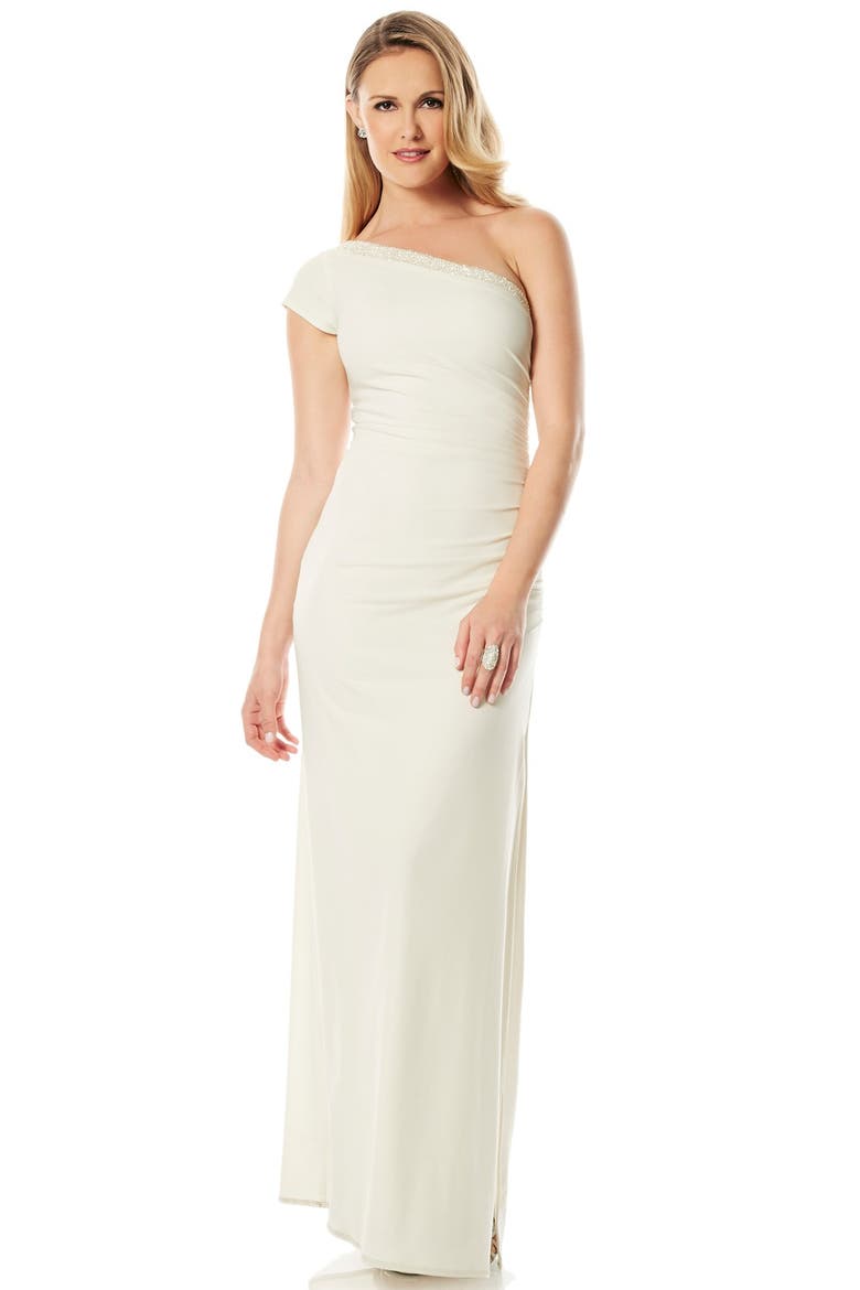 Beaded One-Shoulder Jersey Gown, Alternate, color, WARM WHITE