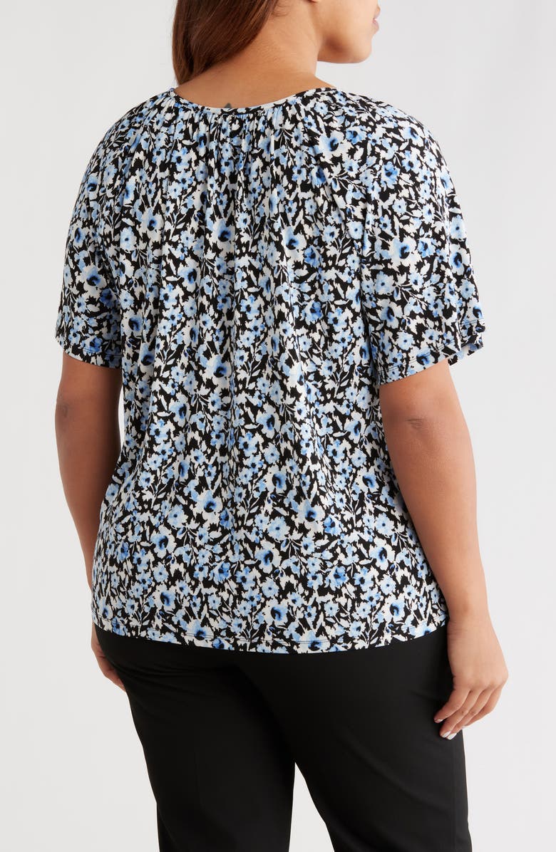 AK ANNE KLEIN Floral Keyhole Peasant Top, Alternate, color, Blue Yonder Multi
