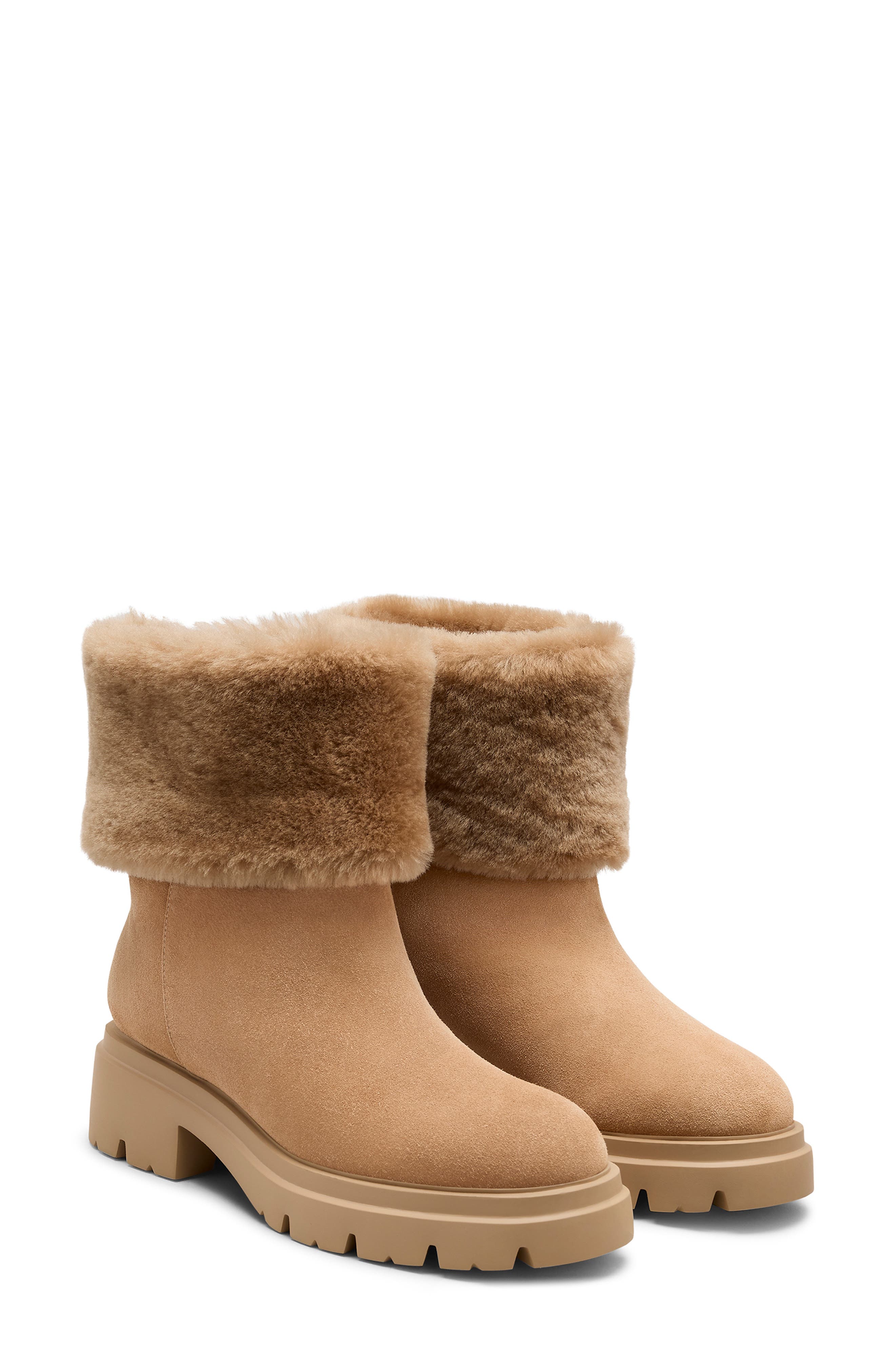 Stuart Weitzman Hudson Genuine Shearling Cuff Bootie, Alternate, color, New Camel