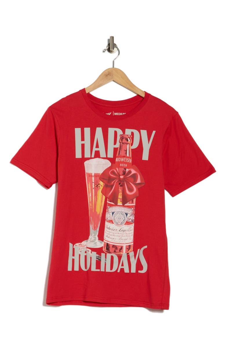 Goodie Two Sleeves Bud Light Happy Holidays Graphic T-Shirt, Main, color, Red