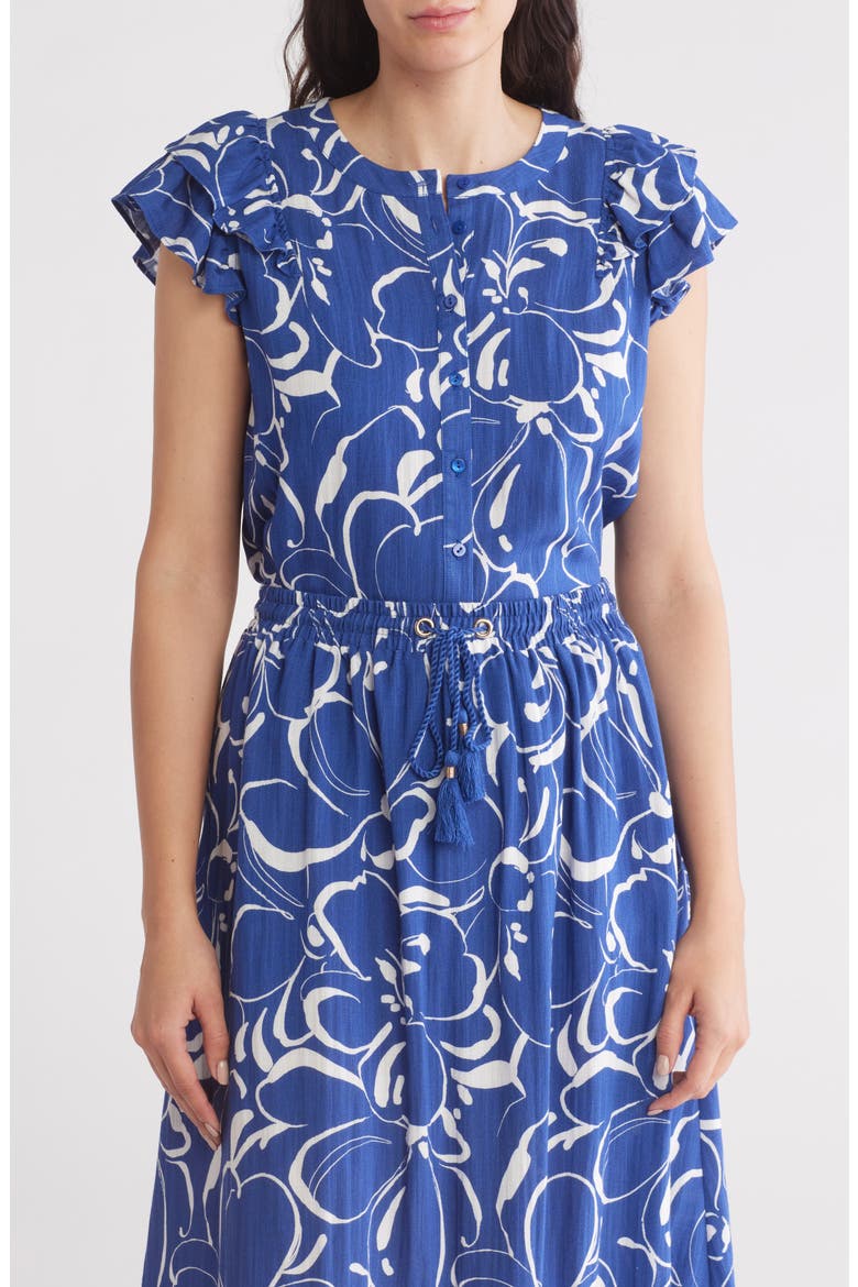 Ruffled Floral Top, Main, color, INDIGO/ IVORY