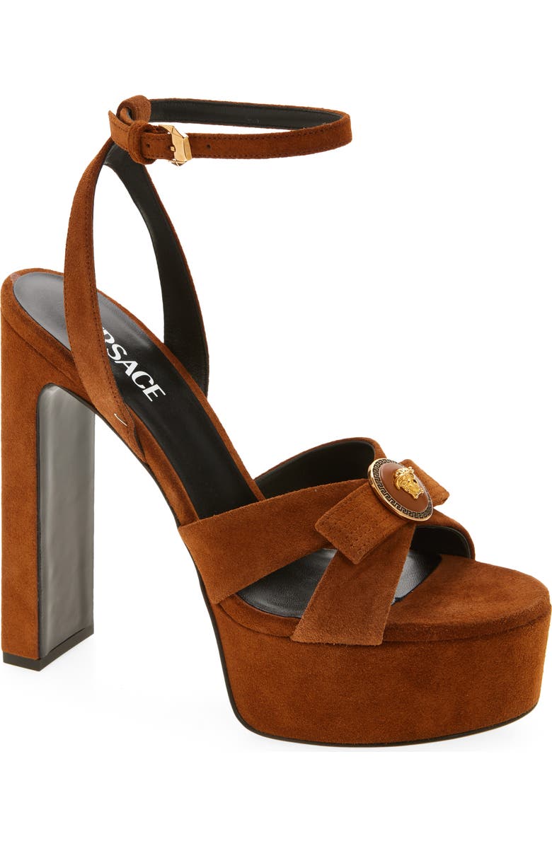 Versace Gianni Ribbon Suede Platform Sandal, Main, color, Spice Brown-Versace Gold