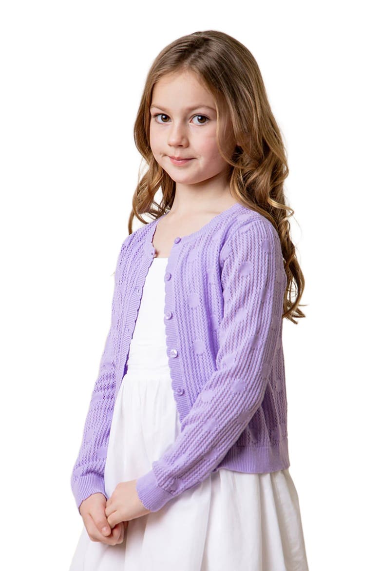 Girls' Organic Scallop Edge Cardigan, Kids, Main, color, Lavender Mesh Dot