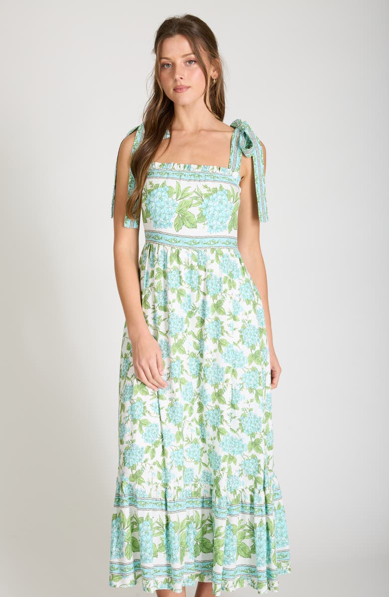 AUGUST SKY Bow Tied Shoulder Strap Midi Dress, Alternate, color, Cream Multi