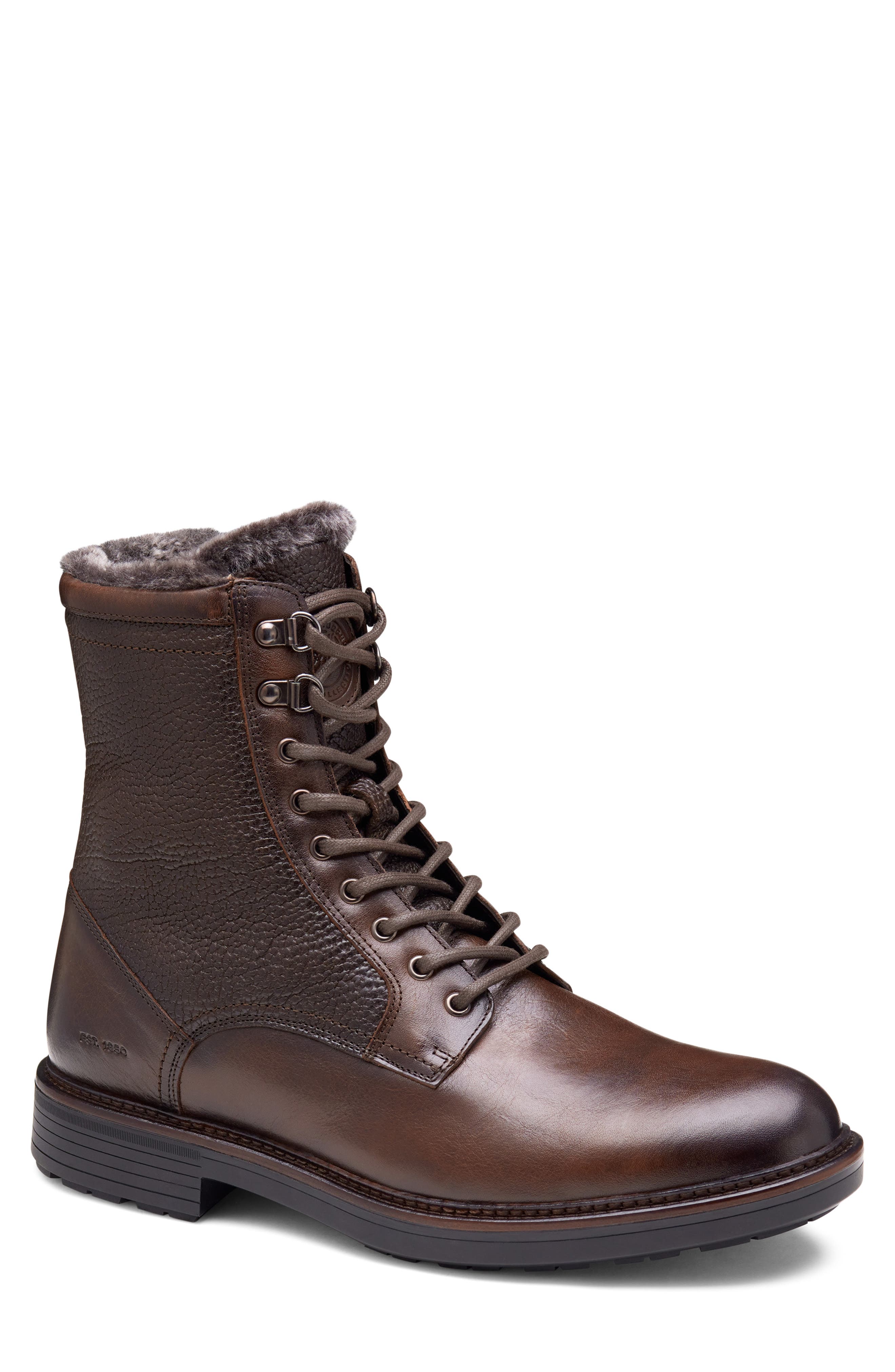 Latham Plain Toe Genuine Shearling Lined Combat Boot, Main, color, DARK BROWN EUROPEAN CALFSKIN